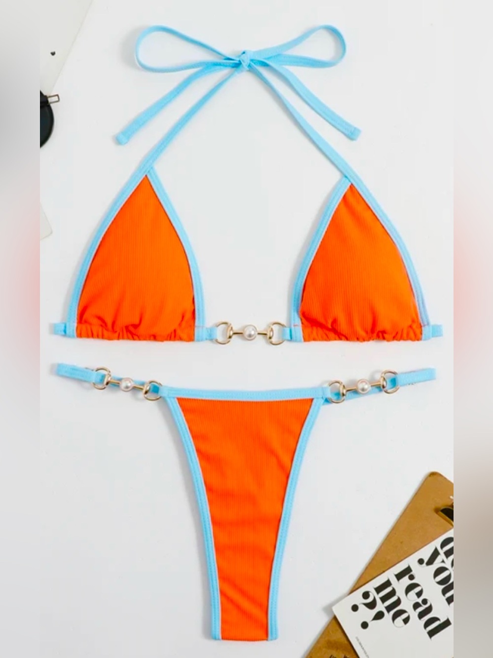 Neon Orange & Light Blue Trim Bikini Set